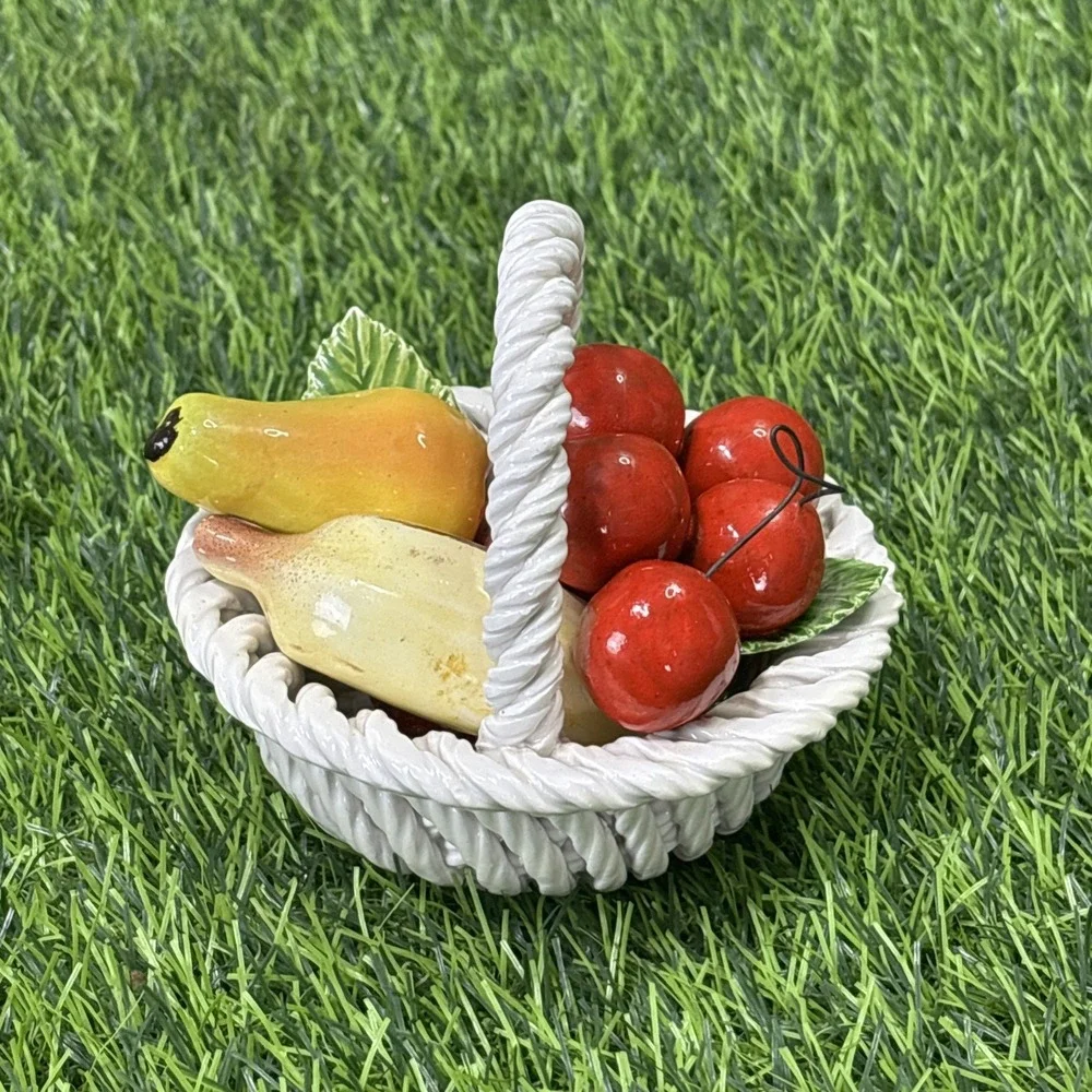 Vintage Italian Ceramic Fruit Basket Pears Cherries Twisted Handle Made Italy